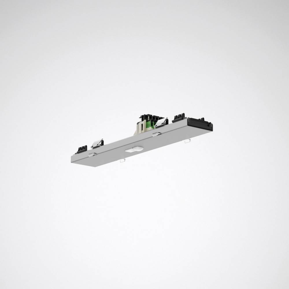 Rechteckige elektronische Komponente mit Anschlüssen an der Oberseite, von unten gegen einen neutralen Hintergrund betrachtet.