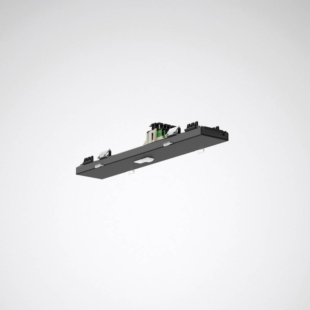 Eine rechteckige schwarze Deckenleuchte mit verstellbaren Funktionen, vor einem schlichten grauen Hintergrund.