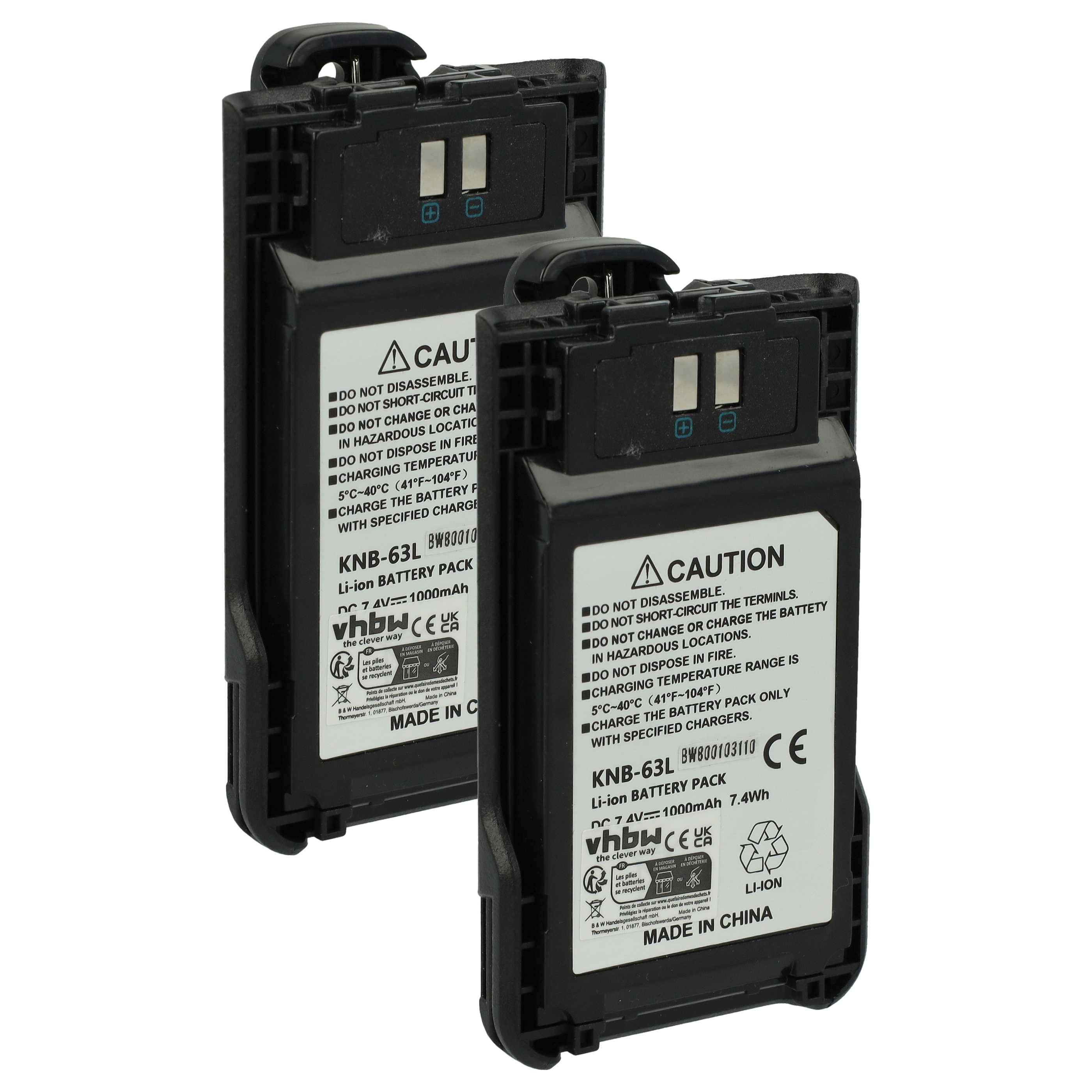 vhbw 2x Akku kompatibel mit Kenwood TH-K40A, TH-K40E, TK-2000E, TK-2000 Funkgerät, Walkie Talkie (1000 mAh, 7,4 V, Li-Ion) + Gürtelclip