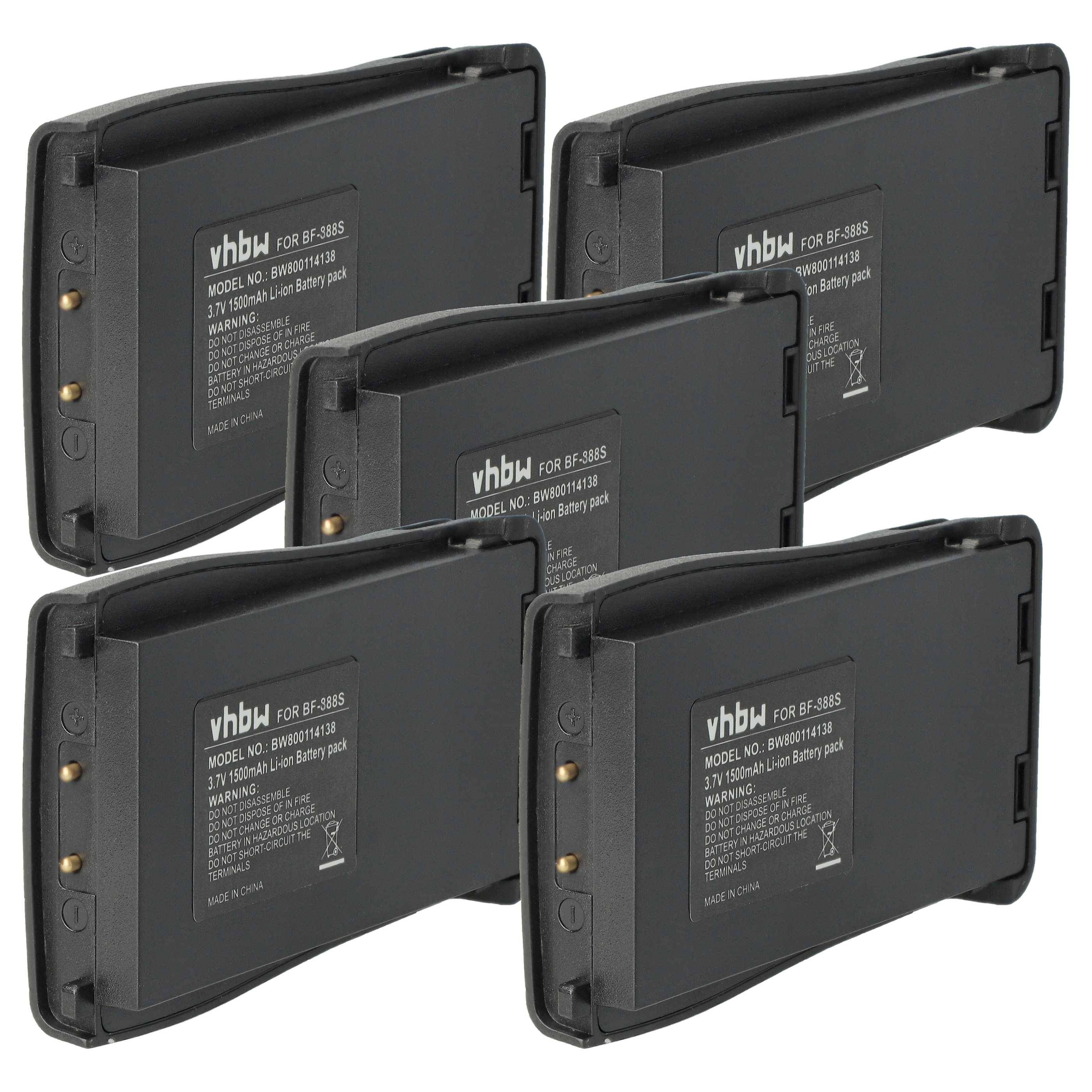 Fünf schwarze vhbw Akkupacks für BF-888S Walkie-Talkie, mit Modell- und Spannungsinformationen beschriftet, in Fächerform angeordnet.
