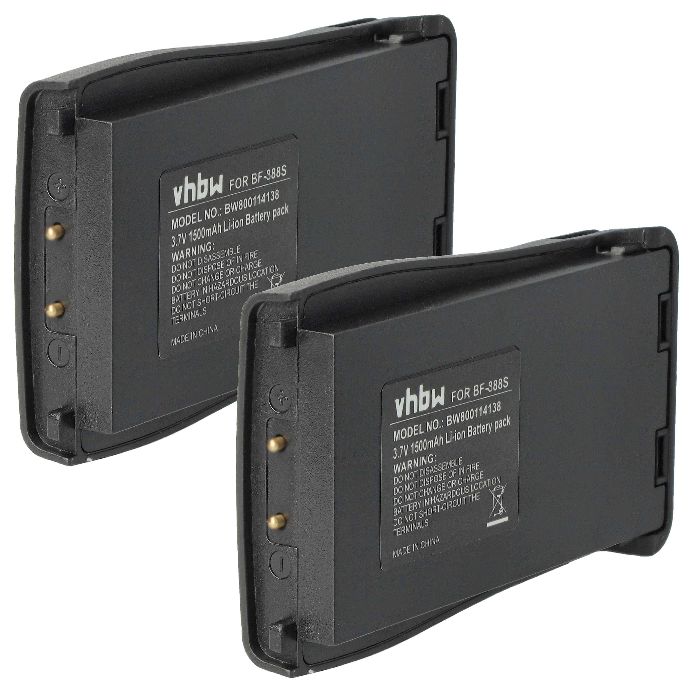 Zwei schwarze Lithium-Ionen-Akkupacks mit Etiketten 'vhbw' für das Modell BF-888S, die technische Spezifikationen und Warnhinweise zeigen.