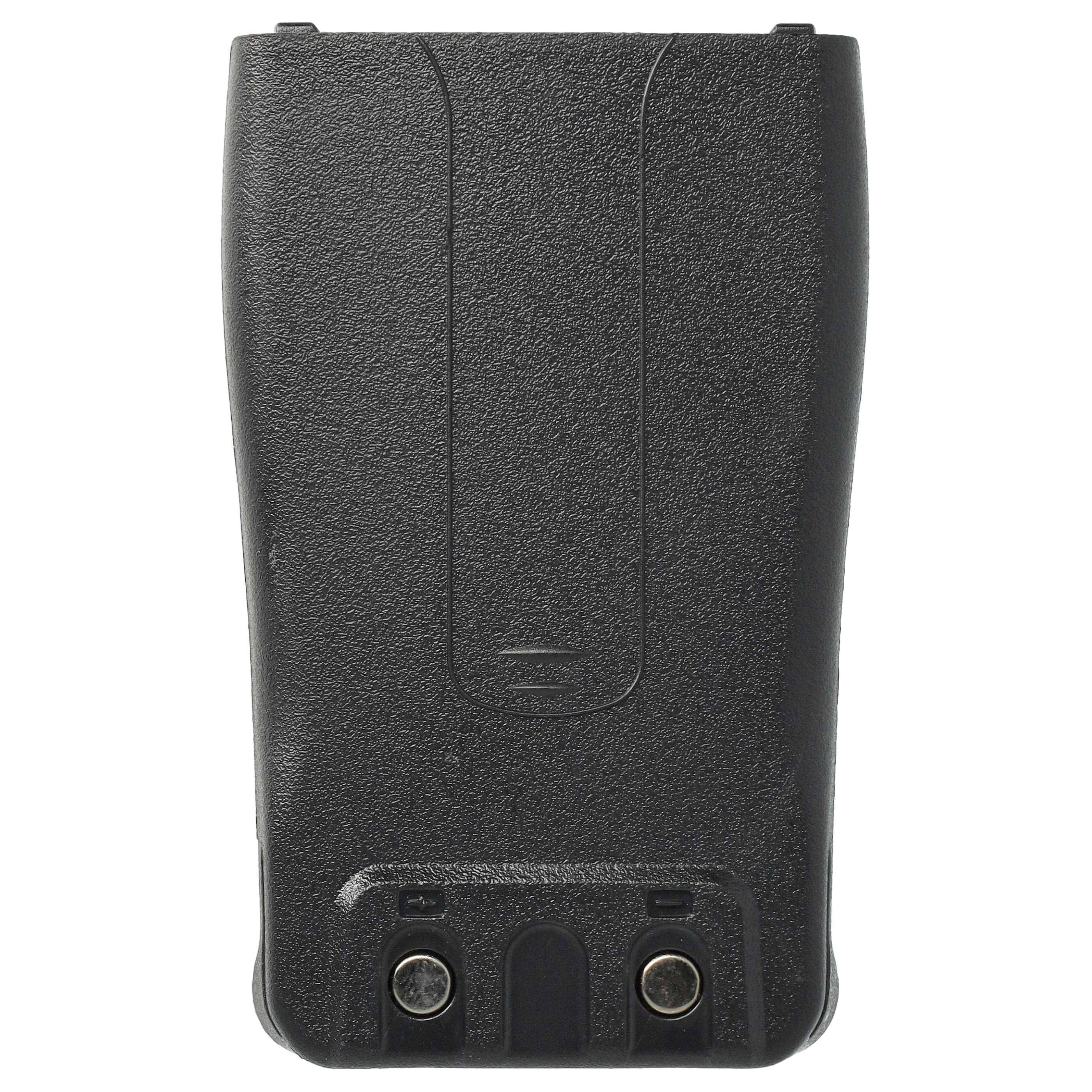 Eine schwarze, rechteckige Funkbatterie mit zwei Metallkontaktpunkten an der Unterseite, vor einem neutralen Hintergrund.