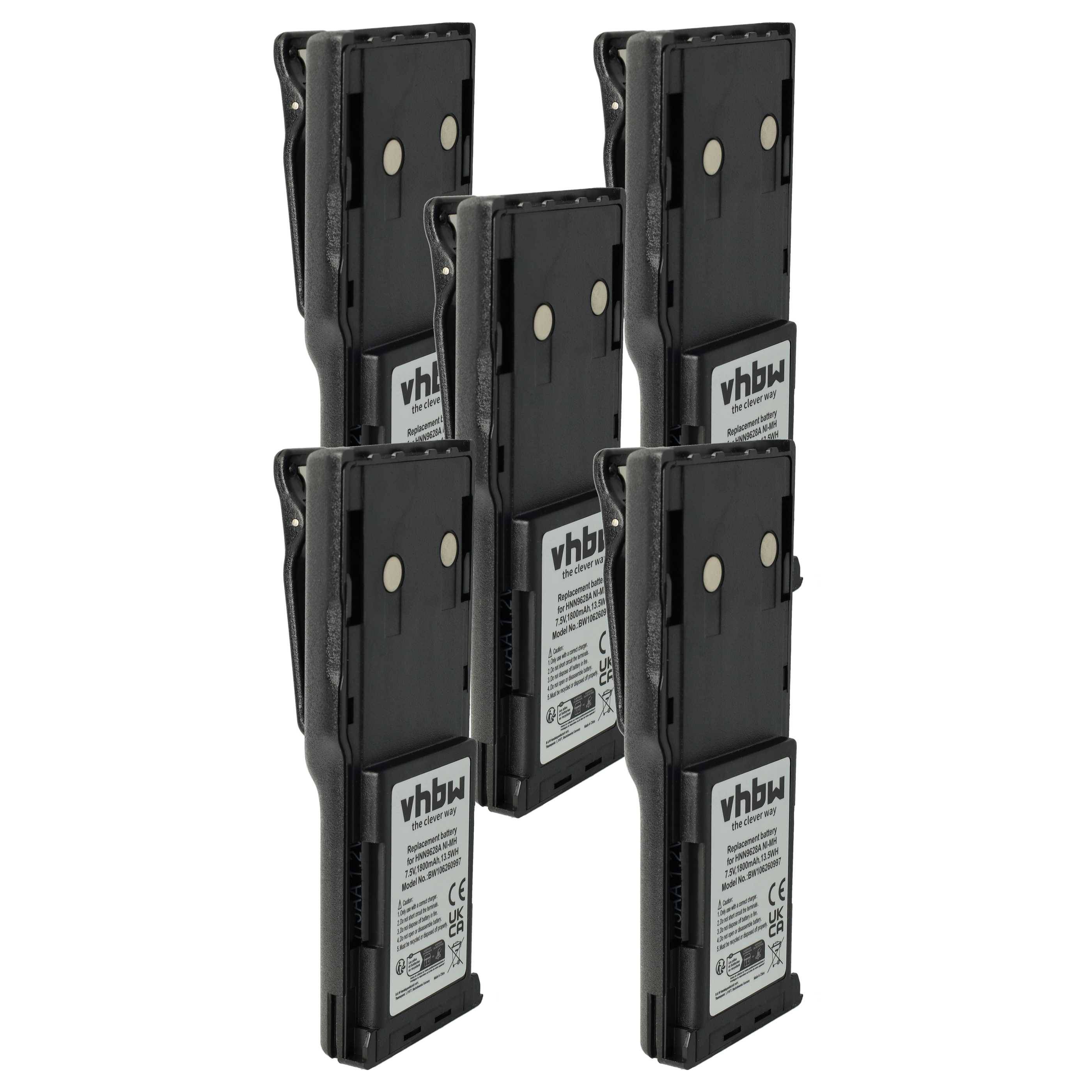 Fünf schwarze vhbw-Batterien, die vertikal stehen und Produktetiketten mit Modelldetails und Zertifizierungen für elektronische Geräte zeigen.