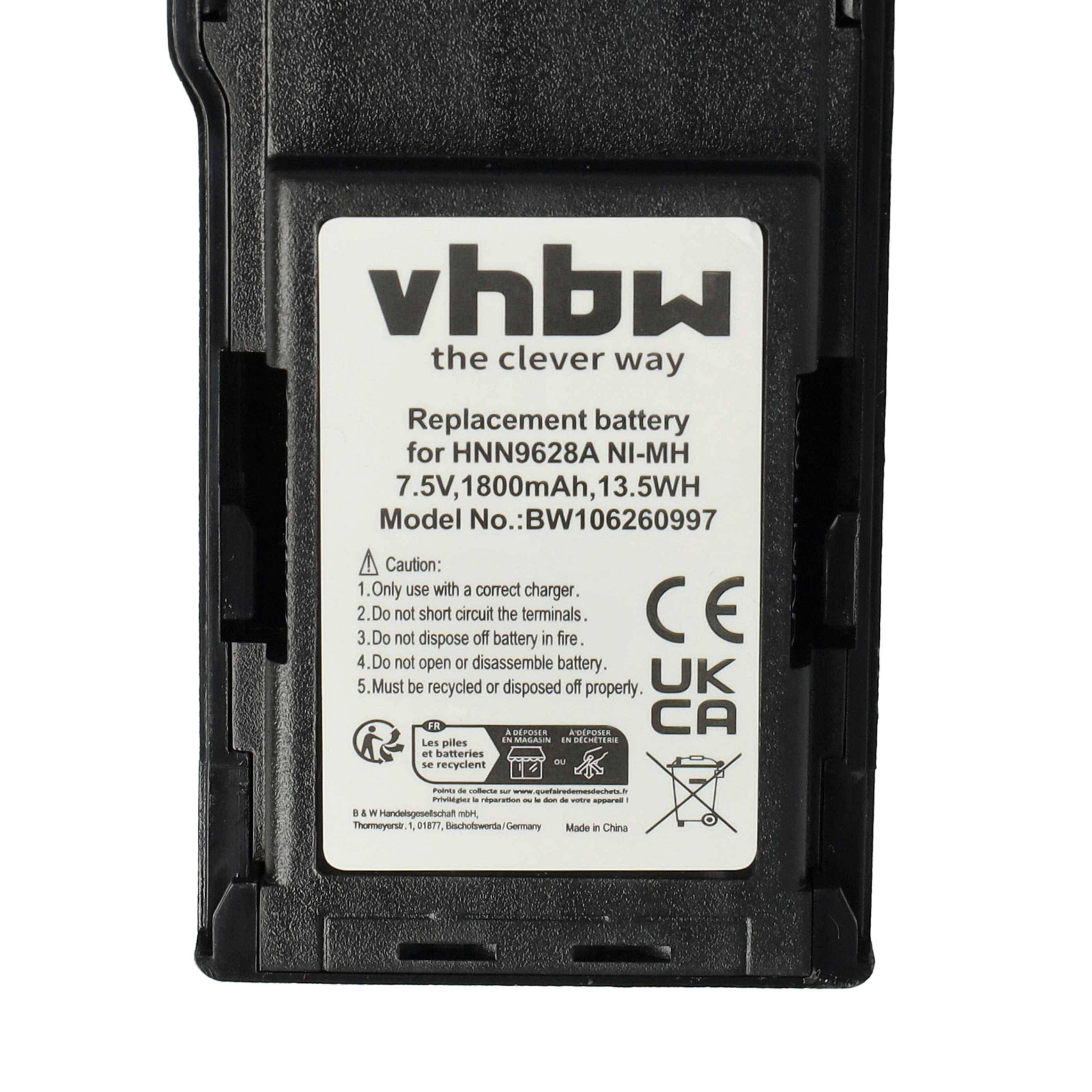 Ersatzbatterie für HNN9628A NI-MH, 7,5V, 1800mAh. Enthält Vorsichtsmaßnahmen und Recycling-Symbol.