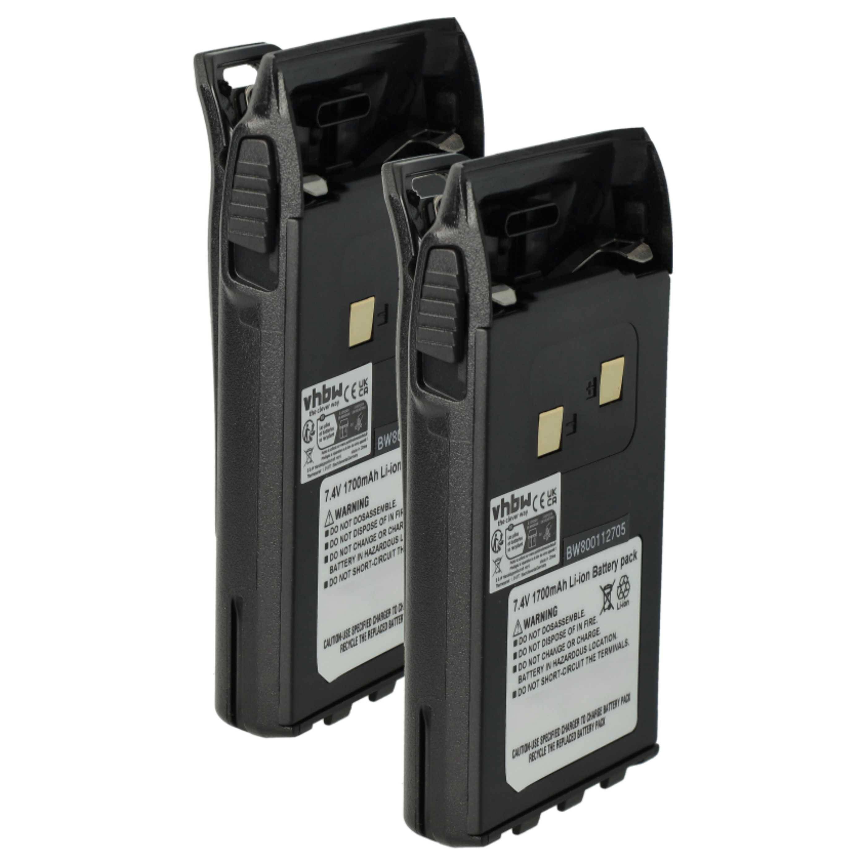vhbw 2x Akku kompatibel mit Albrecht DB270, DB271 Funkgerät, Walkie Talkie (1700 mAh, 7,4 V, Li-Ion) + Gürtelclip