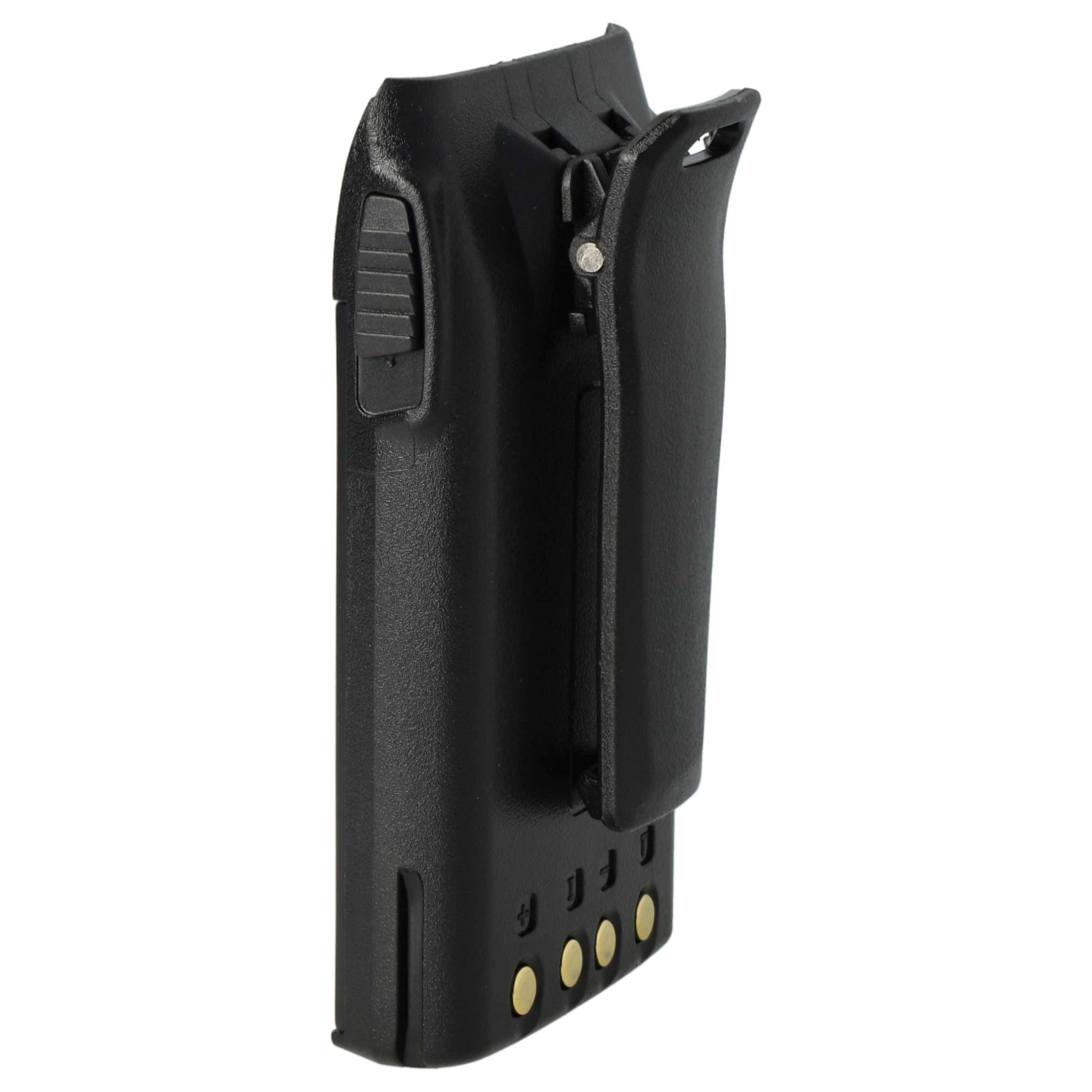 Ein tragbares schwarzes Ladegerät mit Gürtelclip, das mehrere Anschlussschnittstellen an der Basis für elektronische Geräte bietet.