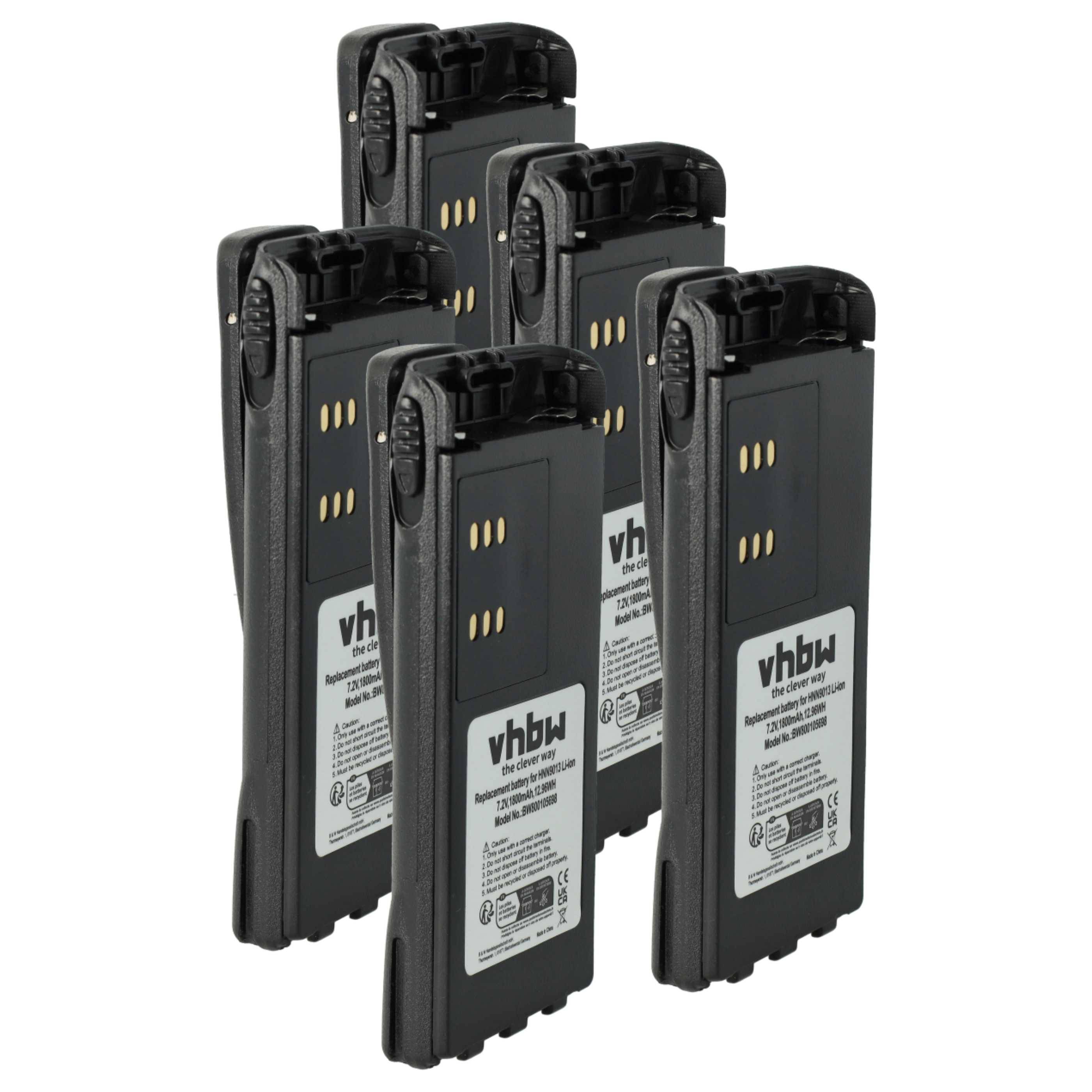 vhbw 5x Akku kompatibel mit Motorola HT750, MTX8250, MTX8250.LS, HT1550.XLS Funkgerät, Walkie Talkie (1800 mAh, 7,2 V, Li-Ion) + Gürtelclip