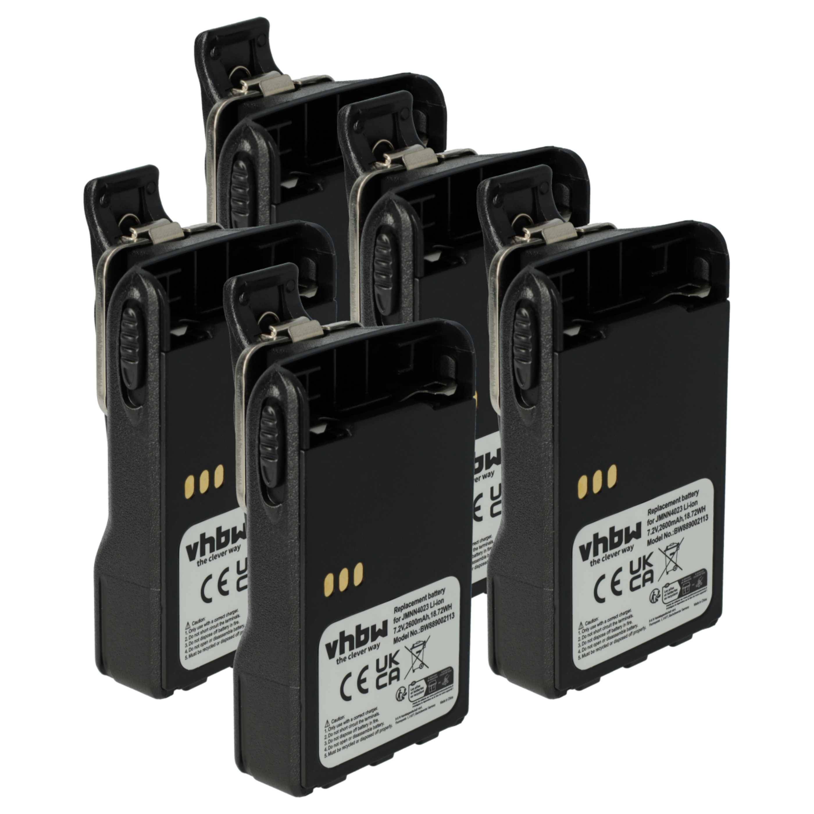 vhbw 5x Akku kompatibel mit Motorola GP628 PLUS, GP344, GP388, GP338 Plus Funkgerät, Walkie Talkie (2600 mAh, 7,2 V, Li-Ion) + Gürtelclip