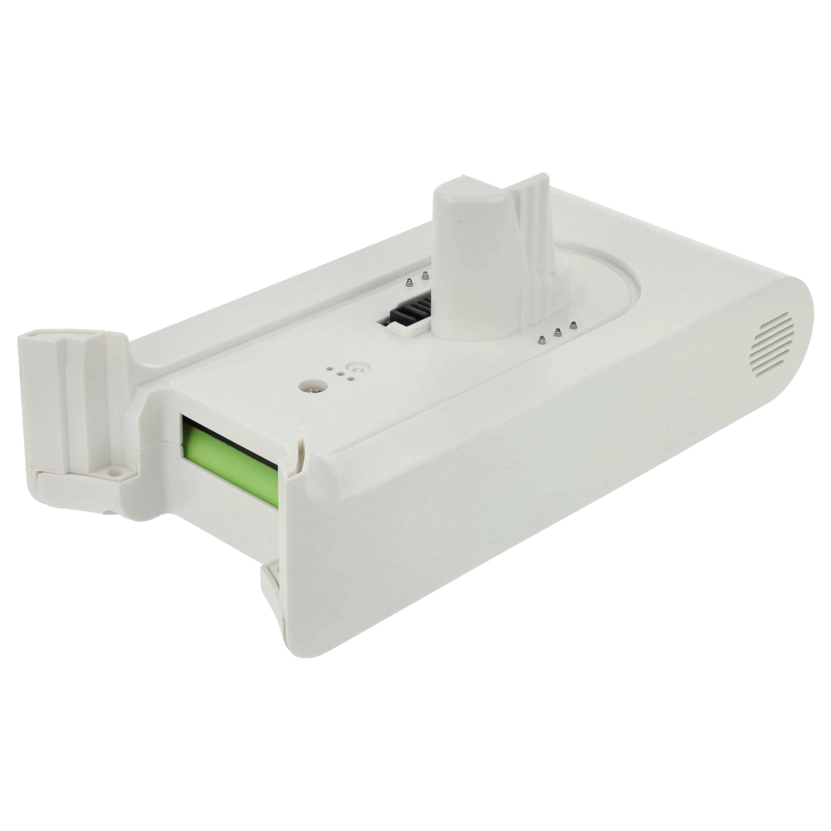 Weißes rechteckiges elektronisches Gerät mit einer grünen Schiebefunktion und einem kleinen Anschluss oben, entwickelt für Ladesicherheit.