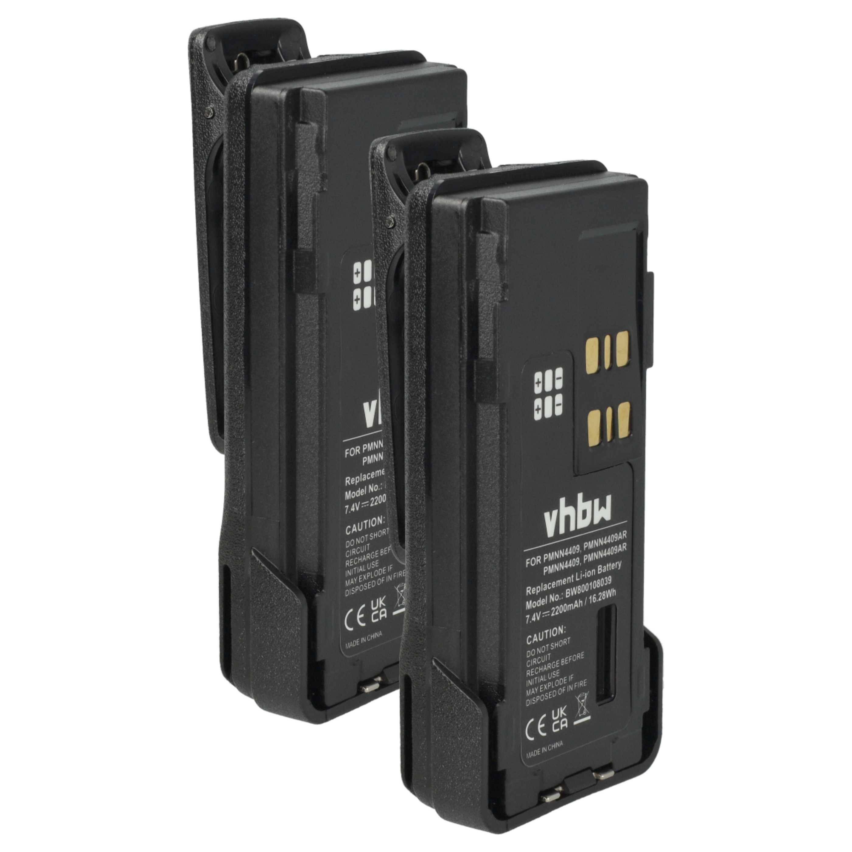 vhbw 2x Akku Ersatz für Motorola PMNN4490B, PMNN4491, PMNN4490A für Funkgerät, Walkie Talkie (2200 mAh, 7,4 V, Li-Ion) + Gürtelclip