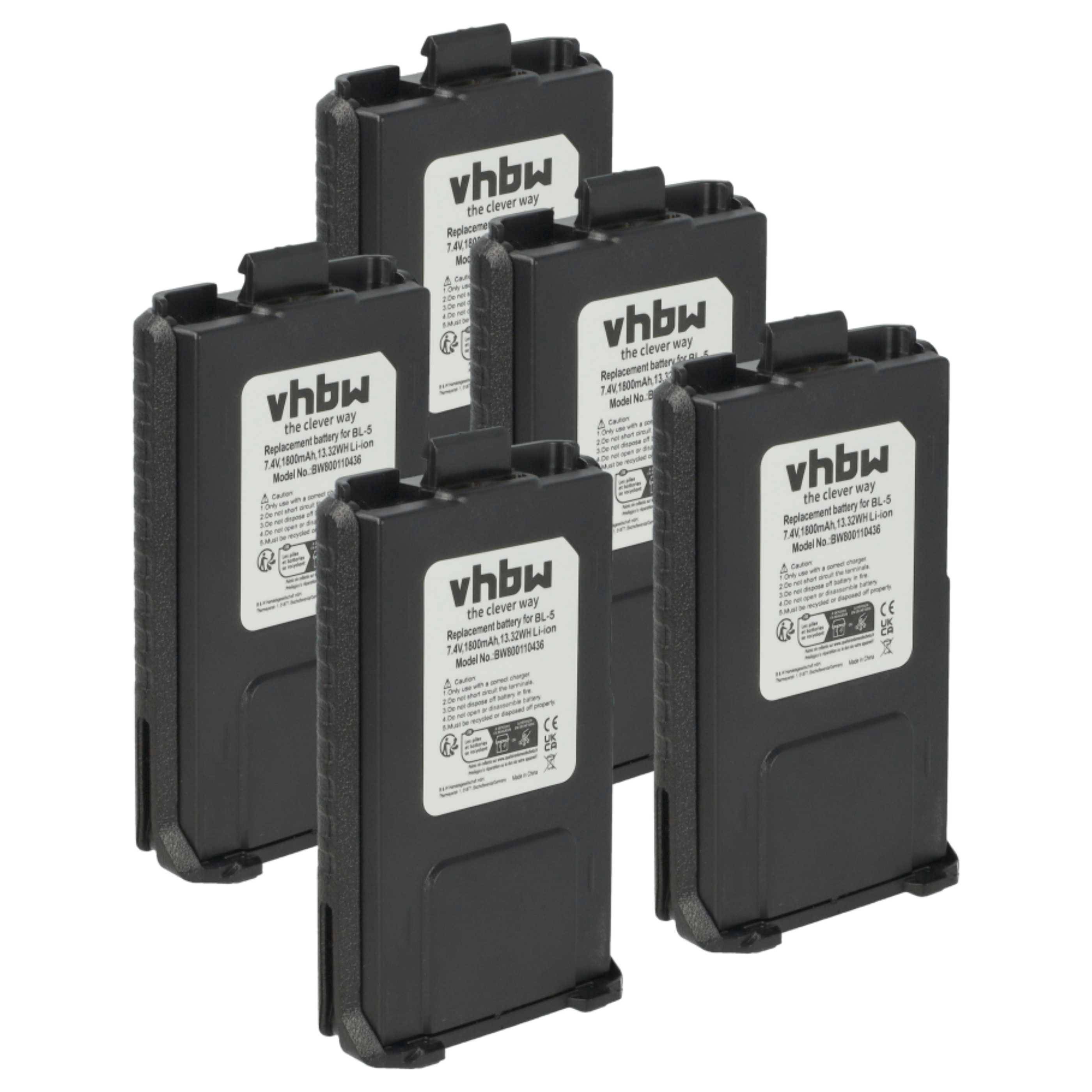 Fünf vhbw Kamerabatterien mit Modelldetails und Sicherheitsikonen auf Etiketten, aufrecht auf weißem Hintergrund stehend.