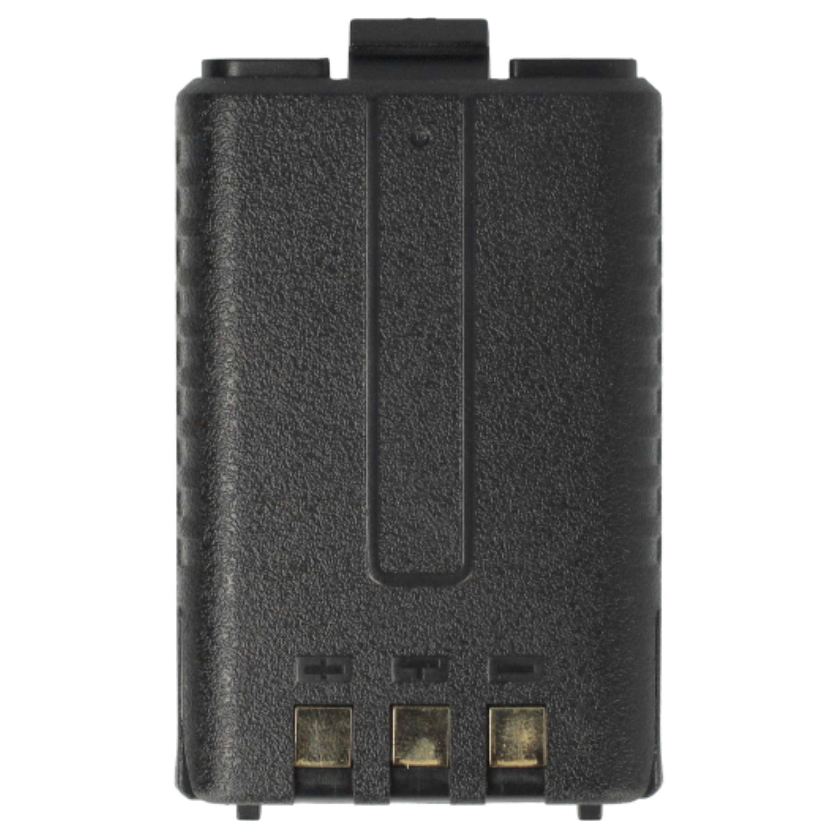 Ein schwarzes Akkupack mit drei Metallkontakten an der Unterseite, das für elektronische Geräte verwendet wird.