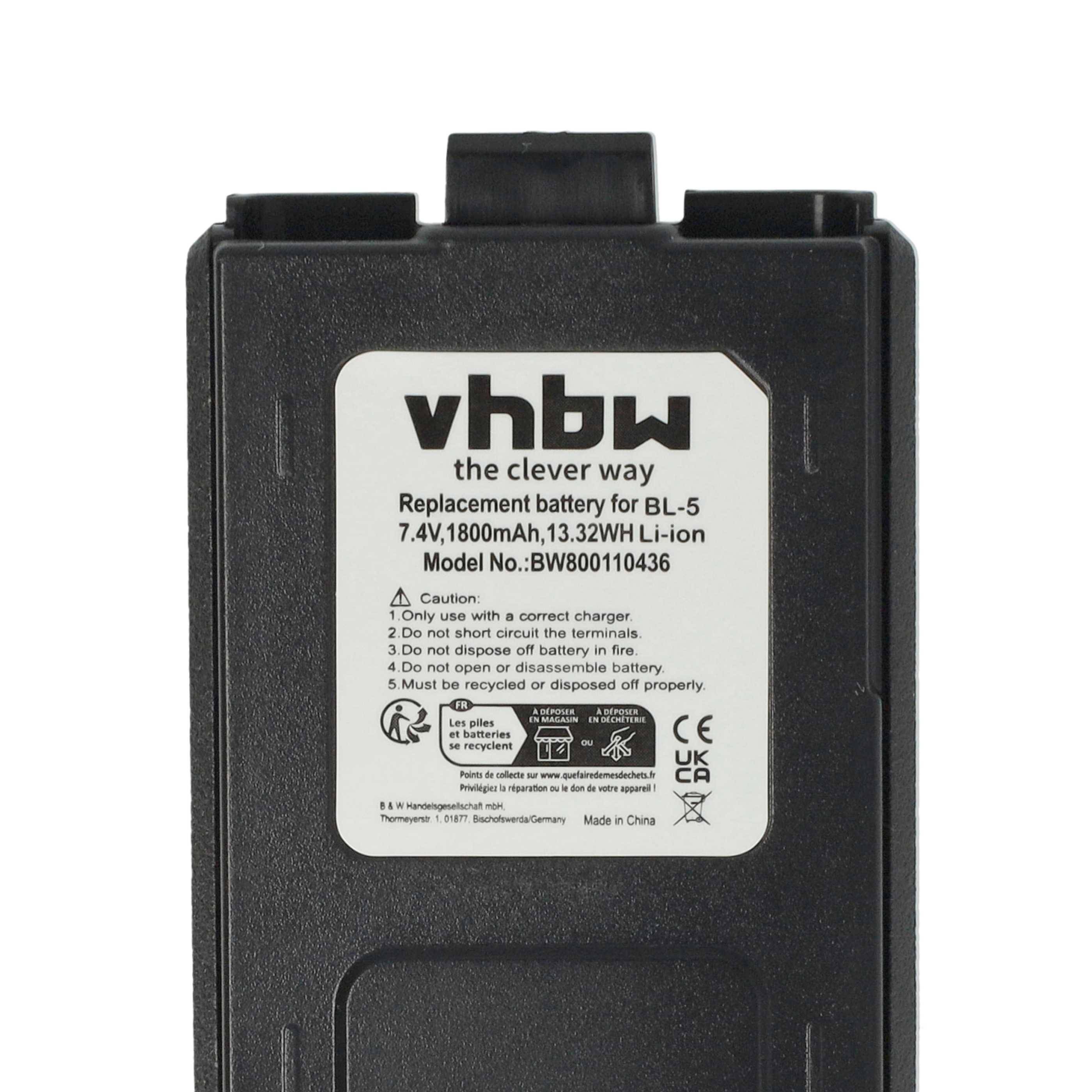 Ersatzbatterie für BL-5, 7,4V, 1800mAh, 13,32Wh, Li-Ion, Modell BWB800110436, von vhbw.