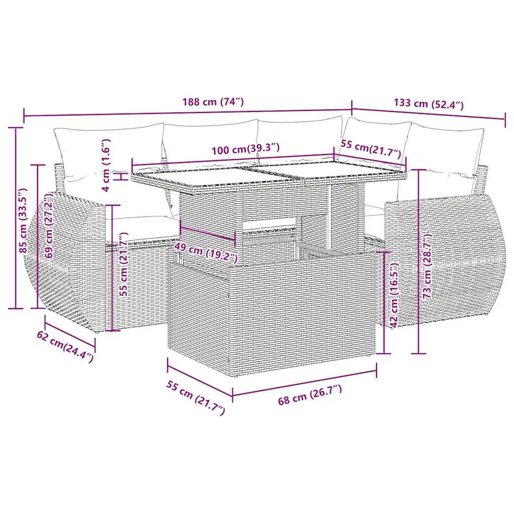 vidaXL 5-tlg. Garten-Sofagarnitur mit Kissen Braun Poly Rattan