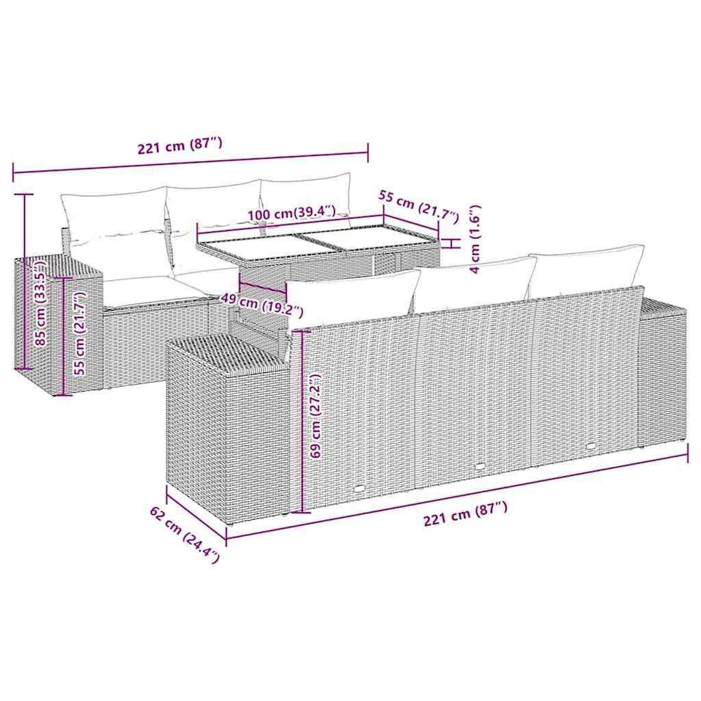 vidaXL 7-tlg. Garten-Sofagarnitur mit Kissen Braun Poly Rattan
