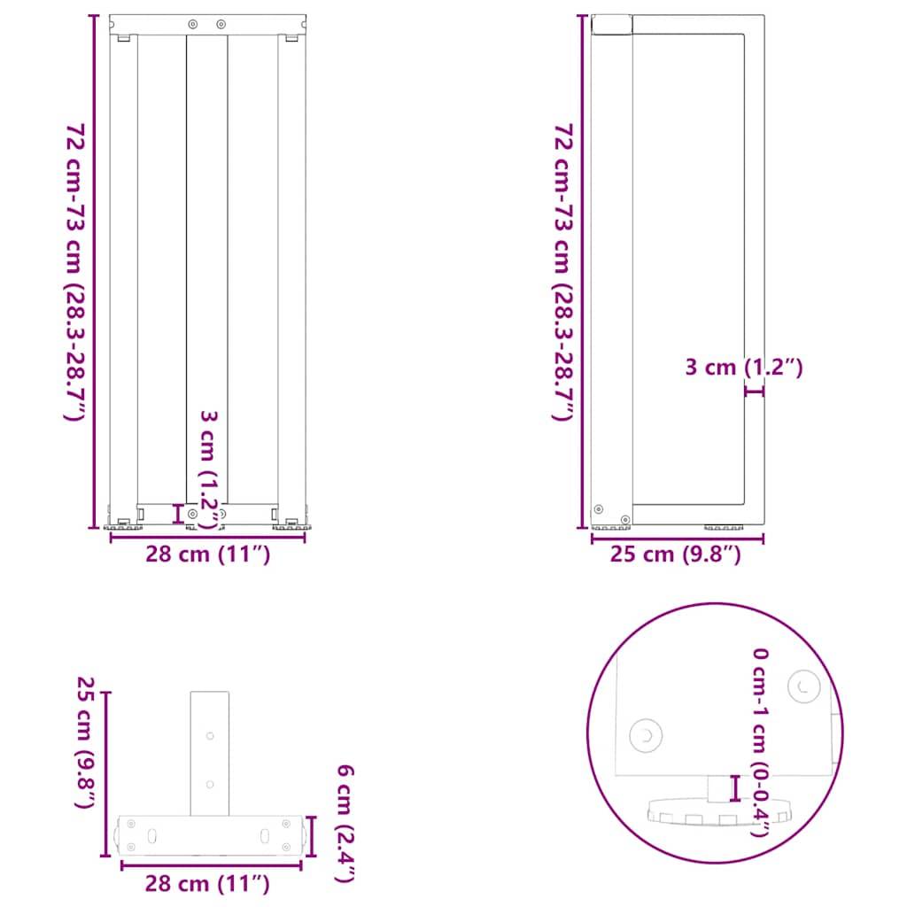 vidaXL Konsolentischbeine T-Form 2 Stk. Weiß 25x28x(72-73) cm Stahl