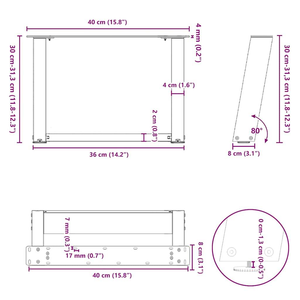 vidaXL Couchtischbeine U-Form 2 Stk. Weiß 40x(30-31) cm Stahl