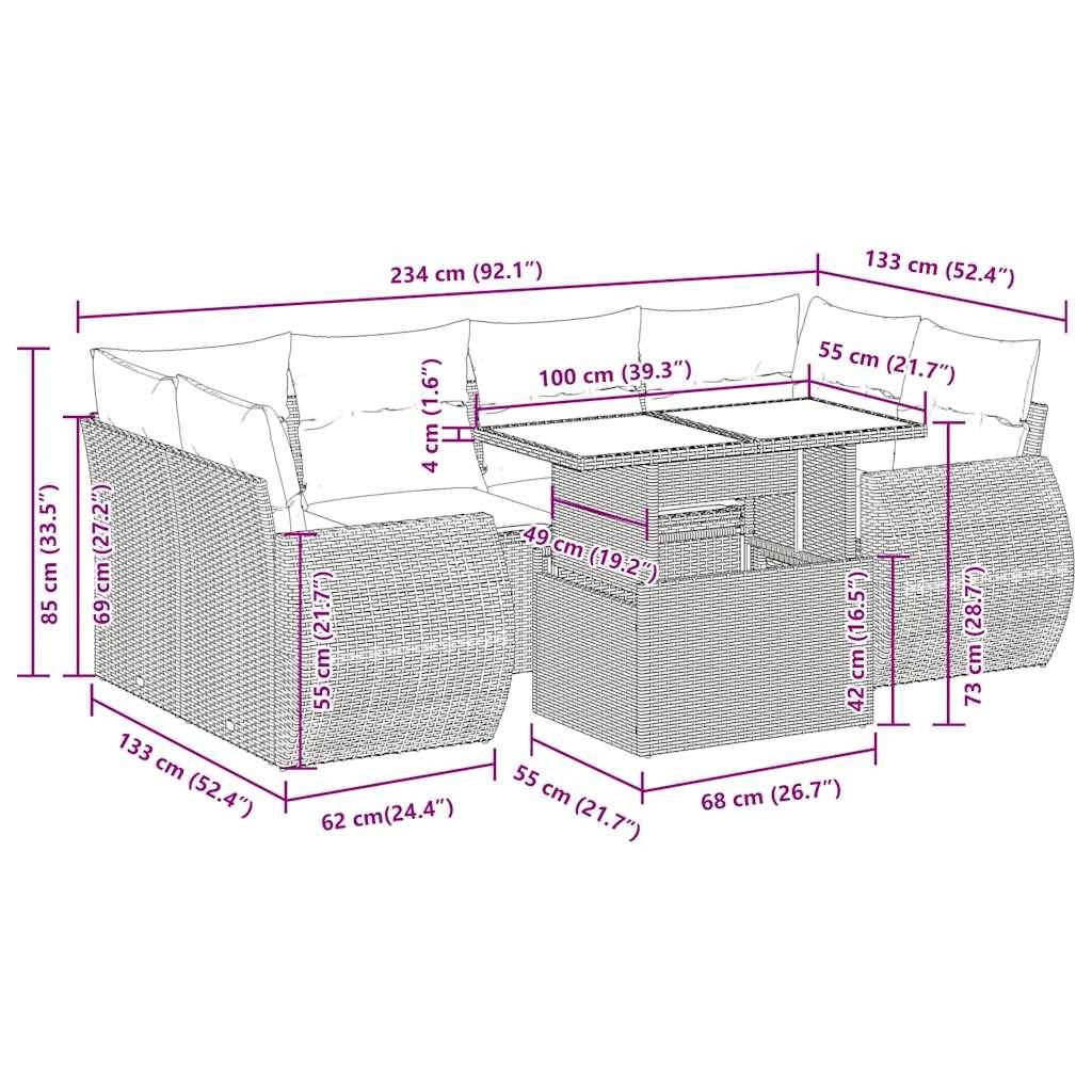 vidaXL 7-tlg. Garten-Sofagarnitur mit Kissen Braun Poly Rattan
