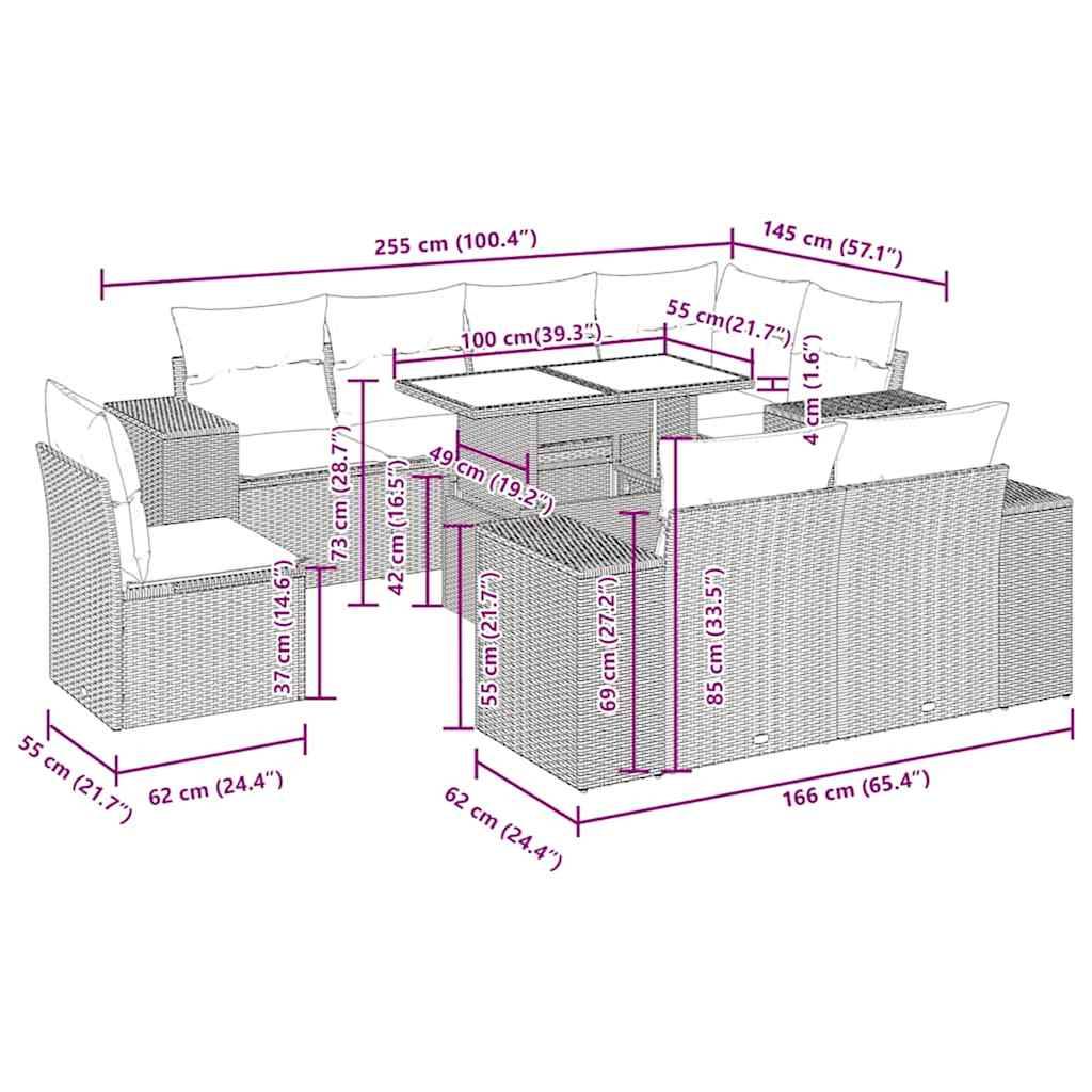 vidaXL 9-tlg. Garten-Sofagarnitur mit Kissen Braun Poly Rattan