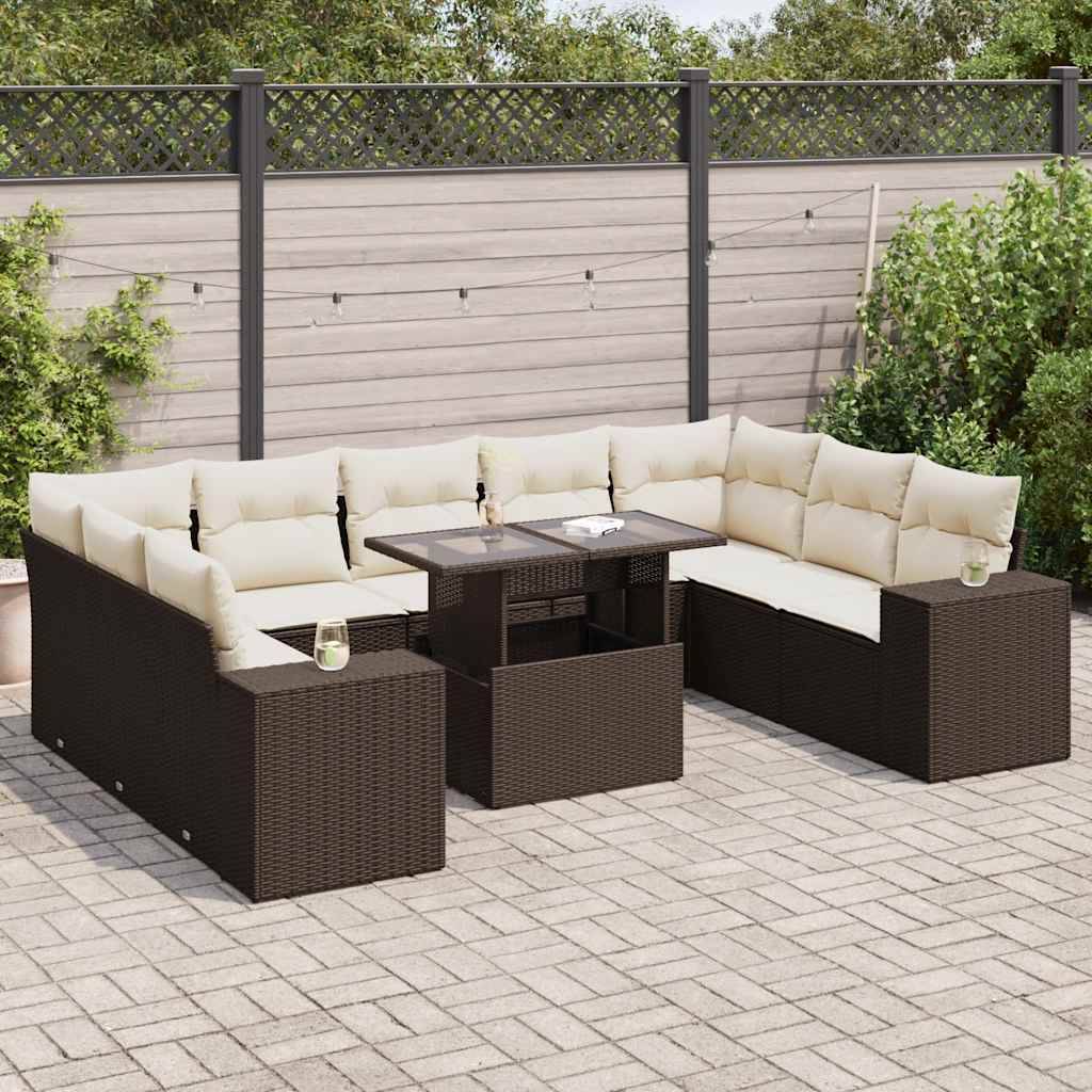vidaXL 10-tlg. Garten-Sofagarnitur mit Kissen Braun Poly Rattan