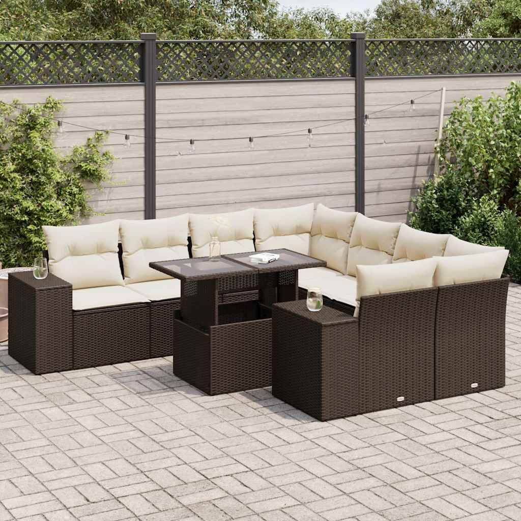 vidaXL 9-tlg. Garten-Sofagarnitur mit Kissen Braun Poly Rattan