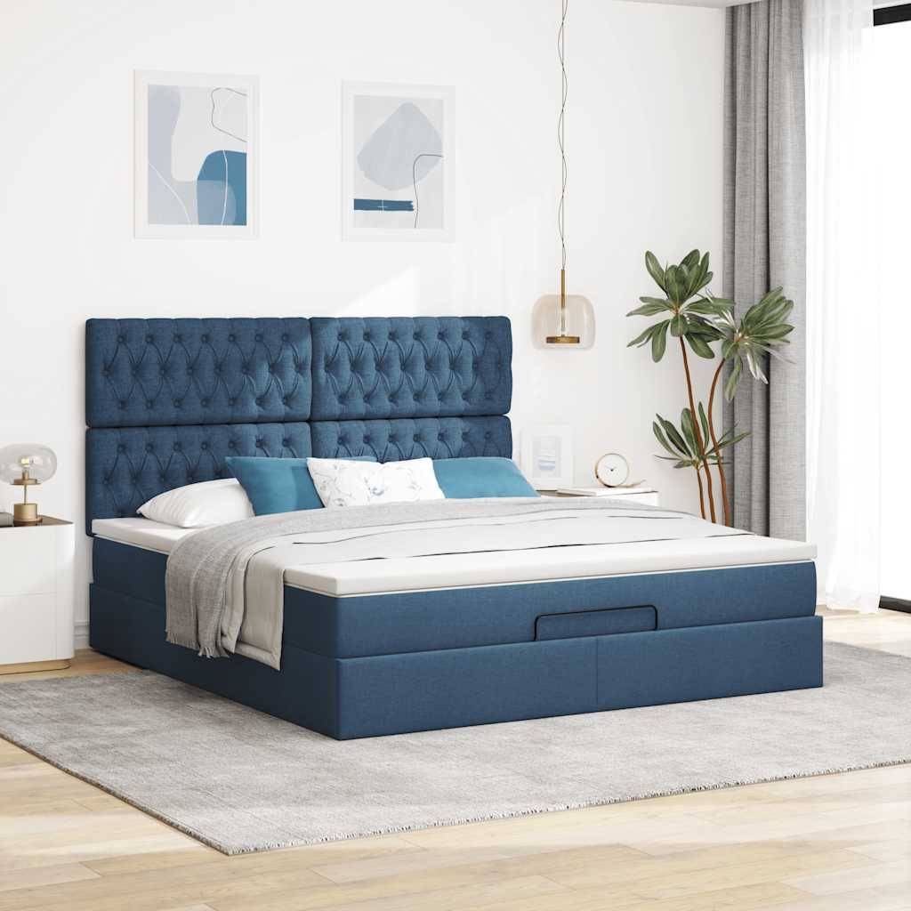 vidaXL Ottoman-Bett mit Matratze & LEDs Blau 180x200 cm Stoff