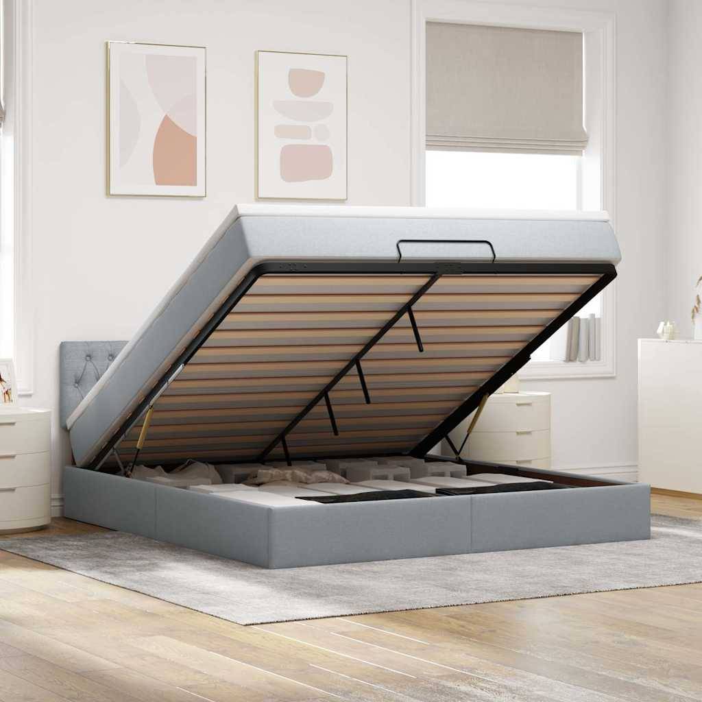 vidaXL Ottoman-Bett mit Matratze & LEDs Hellgrau 160x200 cm Stoff