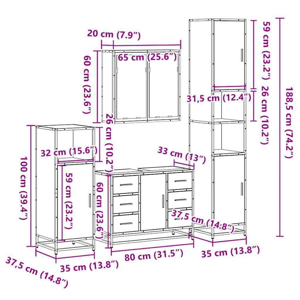 vidaXL 4-tlg. Badmöbel-Set Räuchereiche Holzwerkstoff