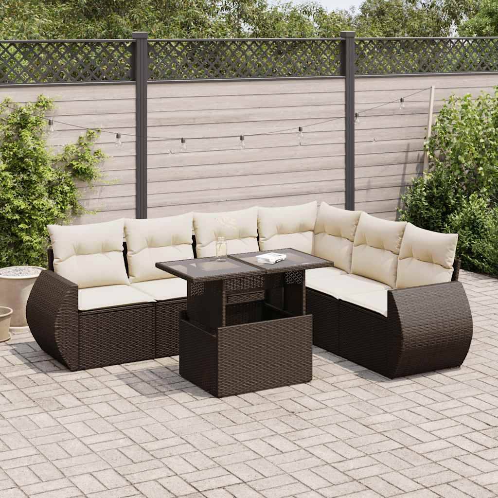 vidaXL 7-tlg. Garten-Sofagarnitur mit Kissen Braun Poly Rattan