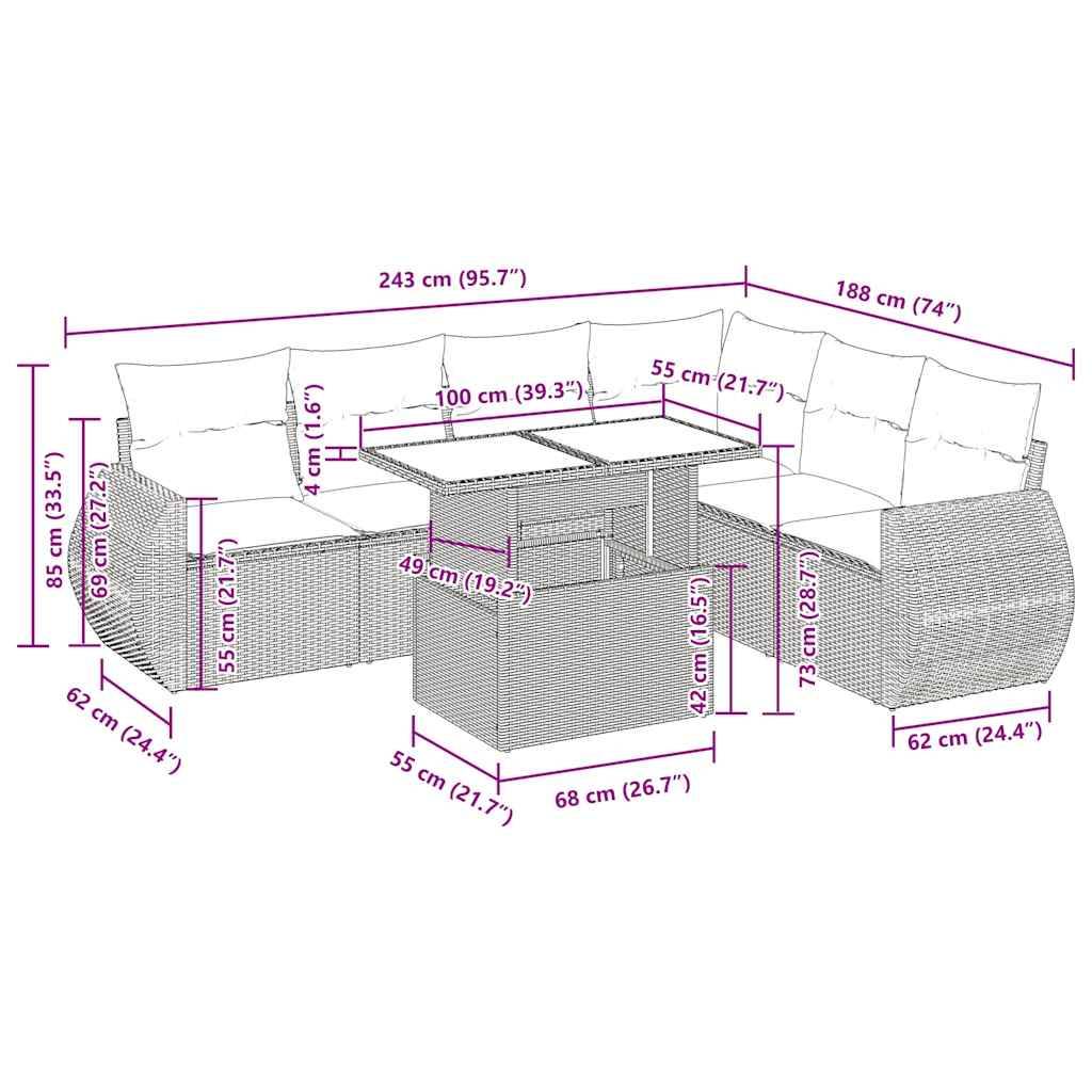 vidaXL 7-tlg. Garten-Sofagarnitur mit Kissen Braun Poly Rattan