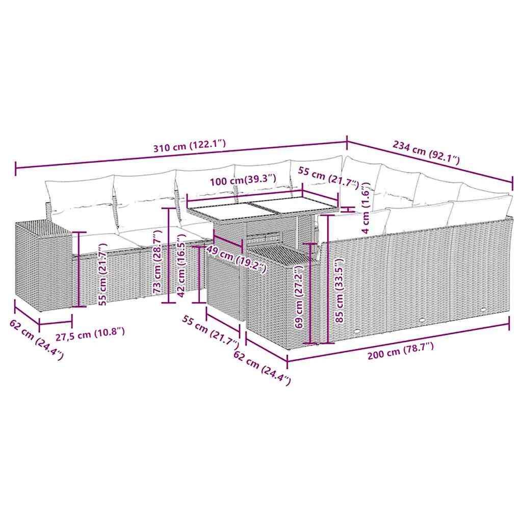 vidaXL 11-tlg. Garten-Sofagarnitur mit Kissen Braun Poly Rattan