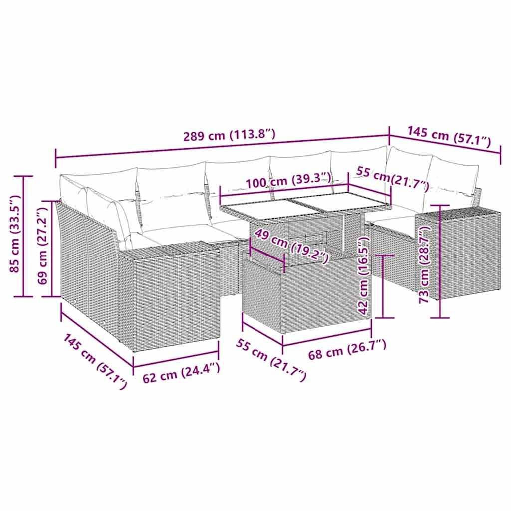 vidaXL 8-tlg. Garten-Sofagarnitur mit Kissen Braun Poly Rattan