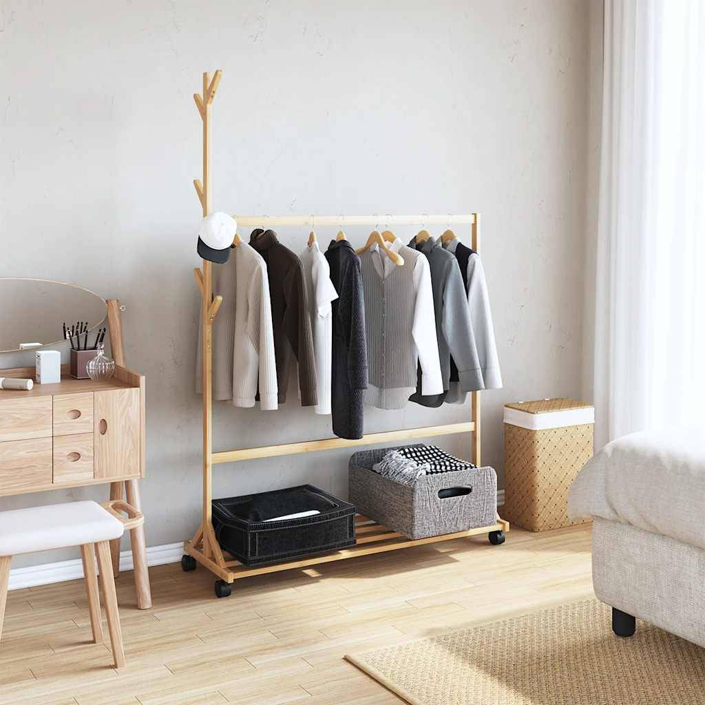 vidaXL Kleiderständer mit Haken und Rollen 100x35x157 cm Bambus