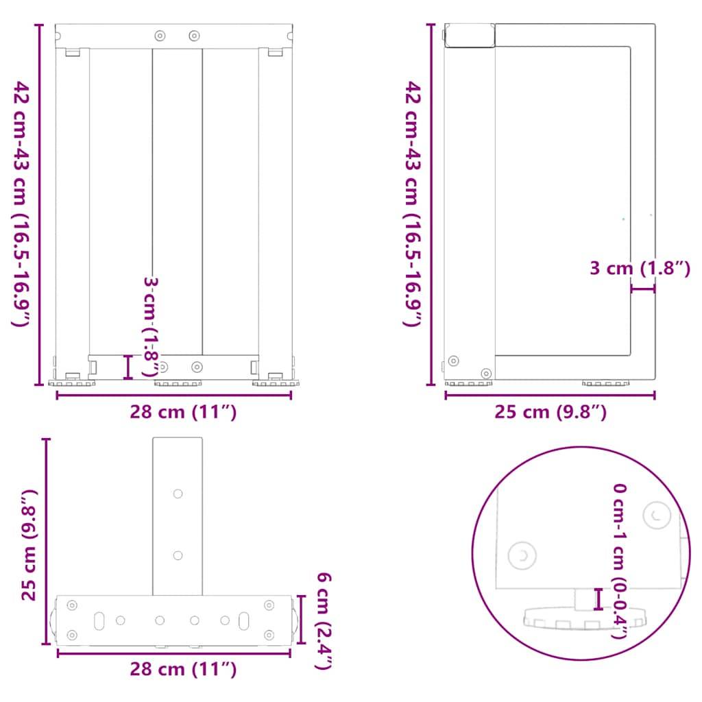 vidaXL Couchtischbeine T-Form 2 Stk. Weiß 28x25x(42-43) cm Stahl