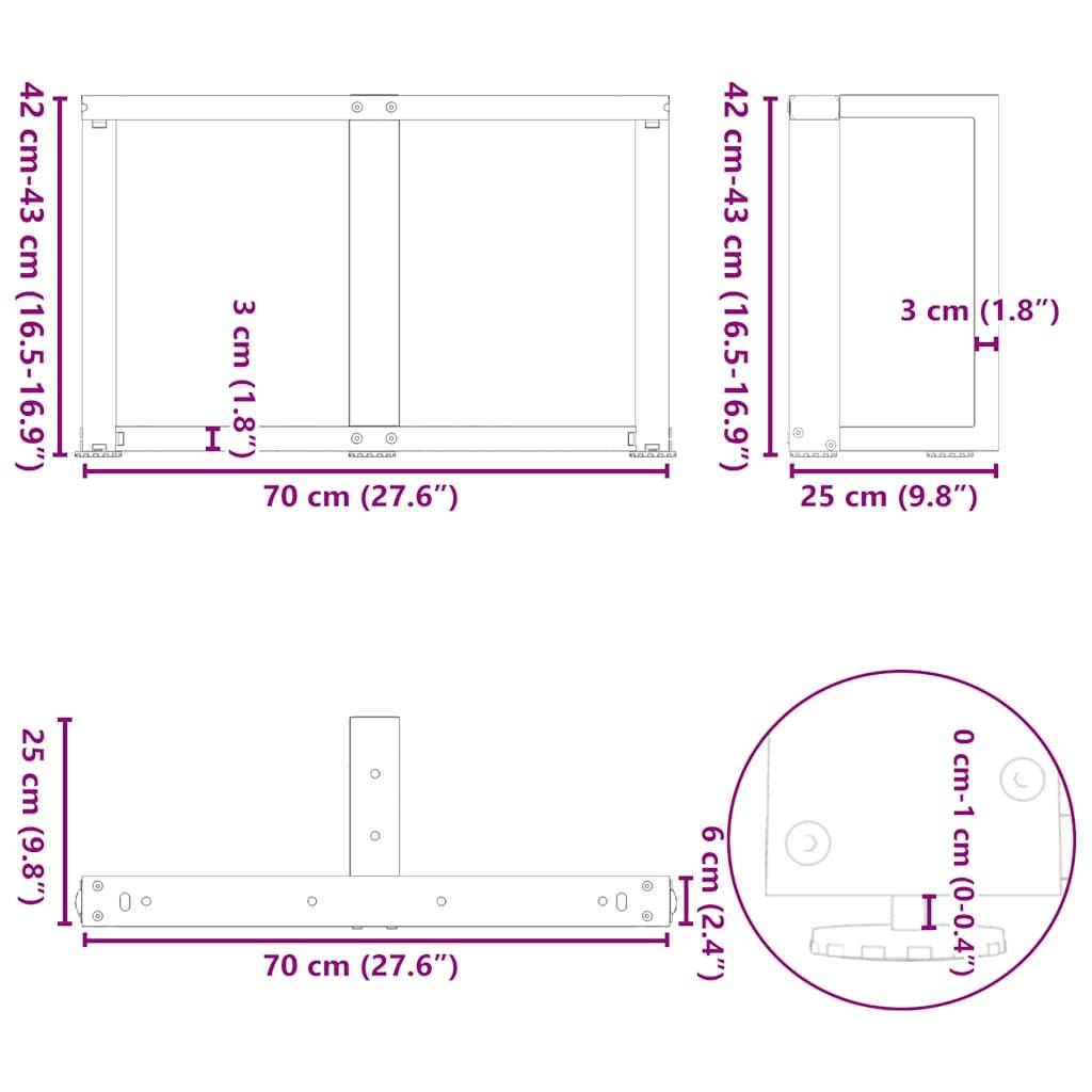 vidaXL Couchtischbeine T-Form 2 Stk. Weiß 70x25x(42-43) cm Stahl