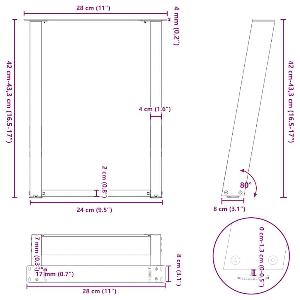 vidaXL Couchtischbeine U-Form 2 Stk. Weiß 28x(42-43) cm Stahl