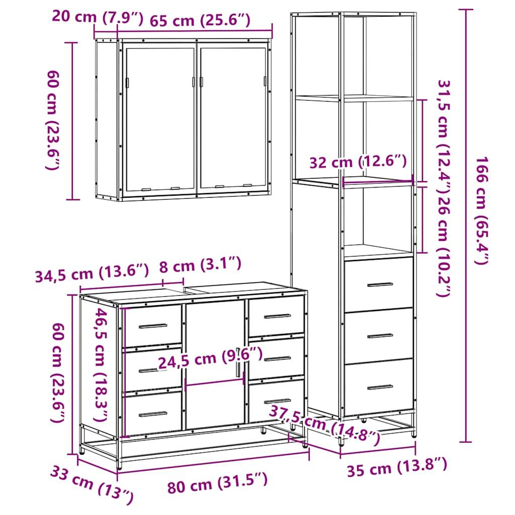 vidaXL 3-tlg. Badmöbel-Set Räuchereiche Holzwerkstoff
