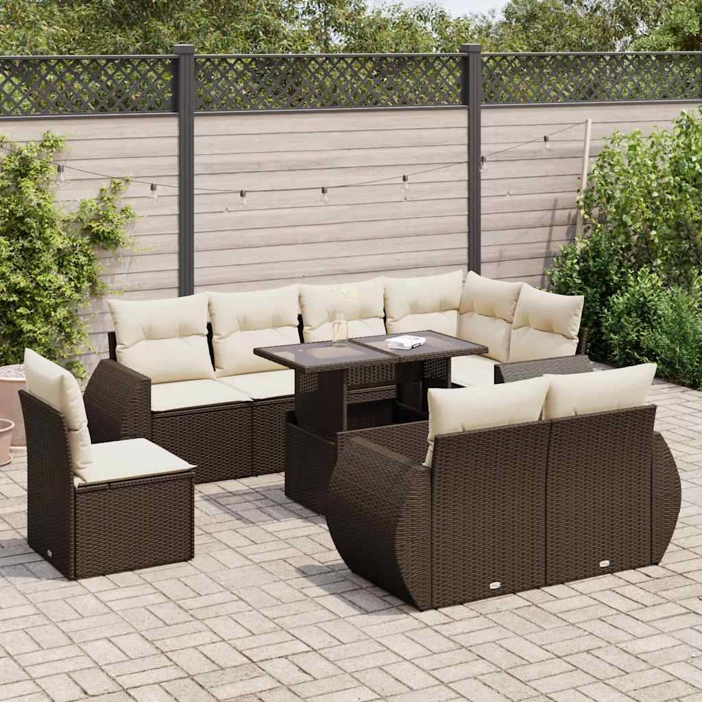 vidaXL 9-tlg. Garten-Sofagarnitur mit Kissen Braun Poly Rattan