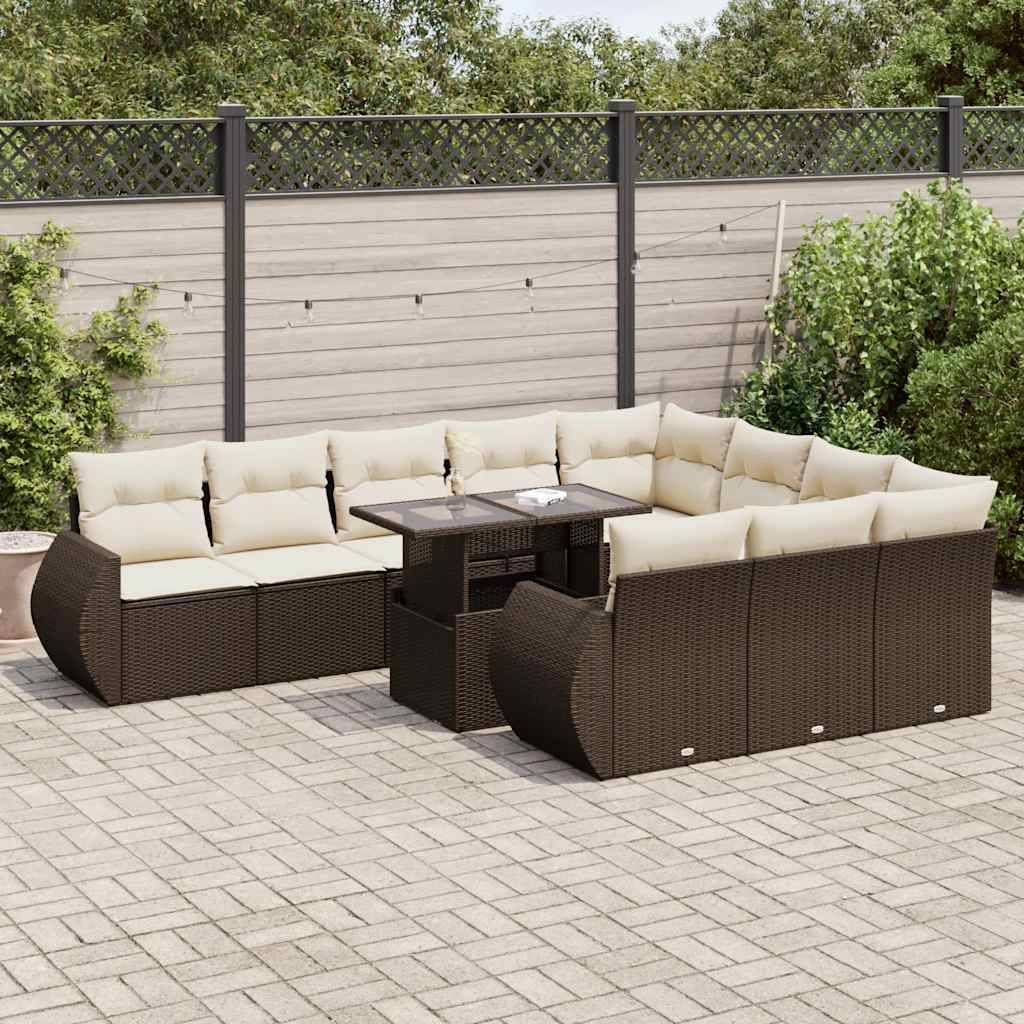 vidaXL 11-tlg. Garten-Sofagarnitur mit Kissen Braun Poly Rattan