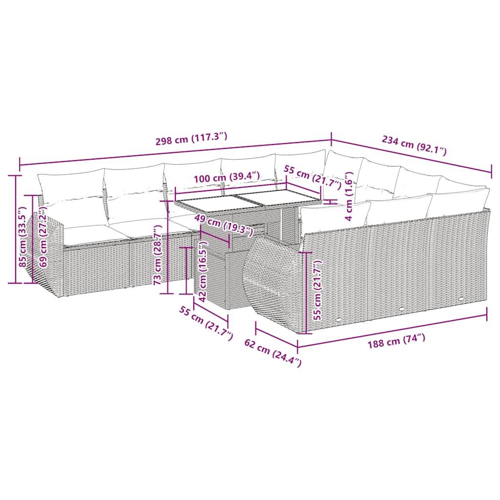 vidaXL 11-tlg. Garten-Sofagarnitur mit Kissen Braun Poly Rattan