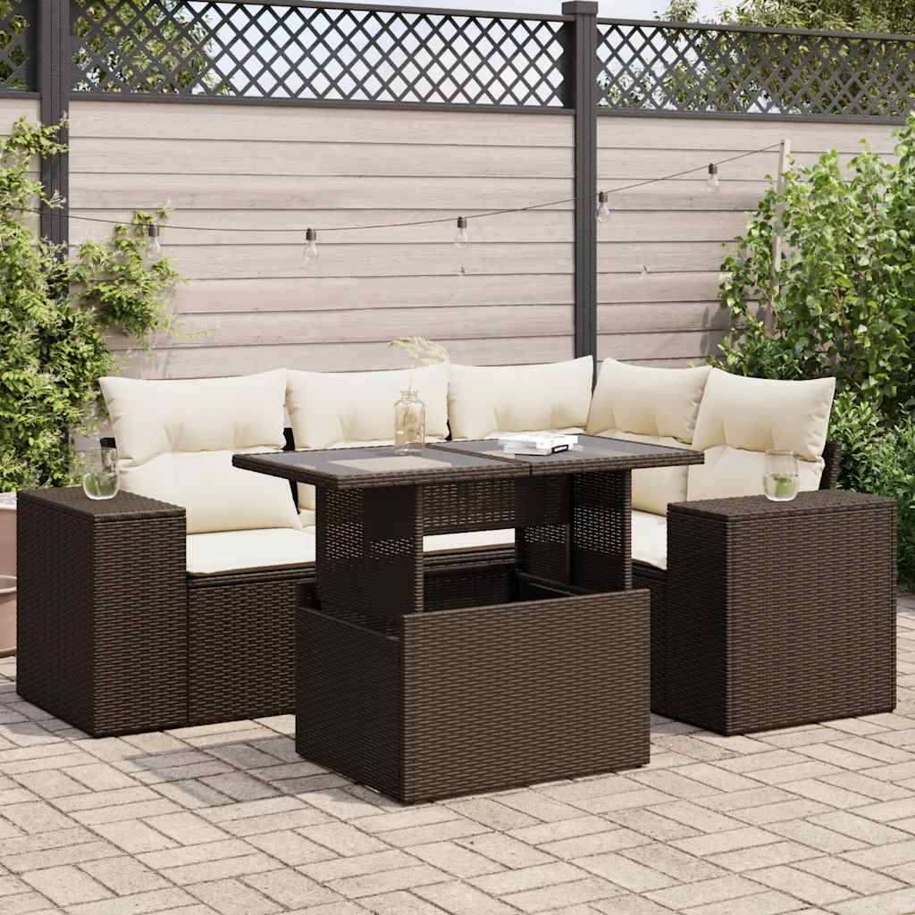 vidaXL 5-tlg. Garten-Sofagarnitur mit Kissen Braun Poly Rattan