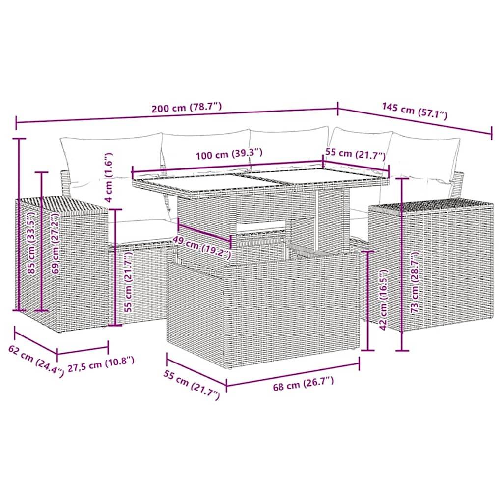 vidaXL 5-tlg. Garten-Sofagarnitur mit Kissen Braun Poly Rattan