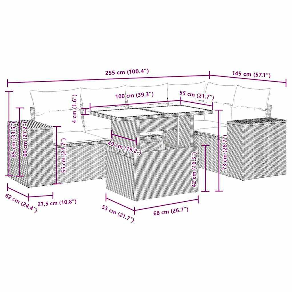 vidaXL 6-tlg. Garten-Sofagarnitur mit Kissen Braun Poly Rattan