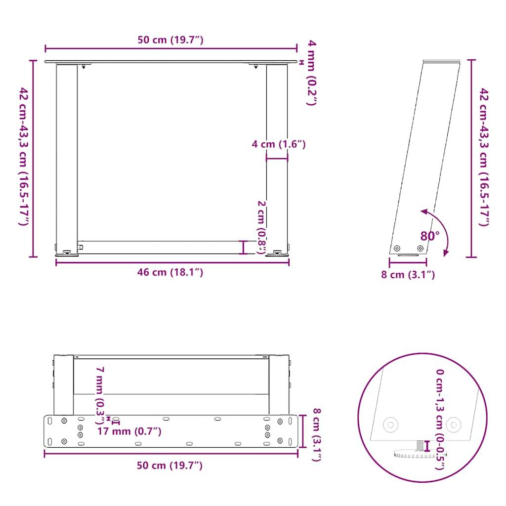 vidaXL Couchtischbeine U-Form 2 Stk. Anthrazit 50x(42-43) cm Stahl