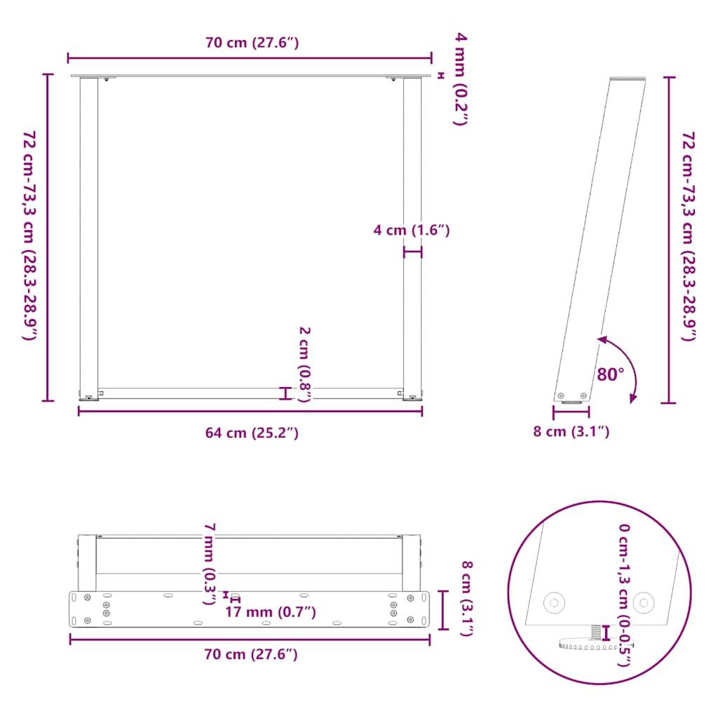 vidaXL Esstischbeine U-Form 2 Stk. Weiß 70x(72-73) cm Stahl