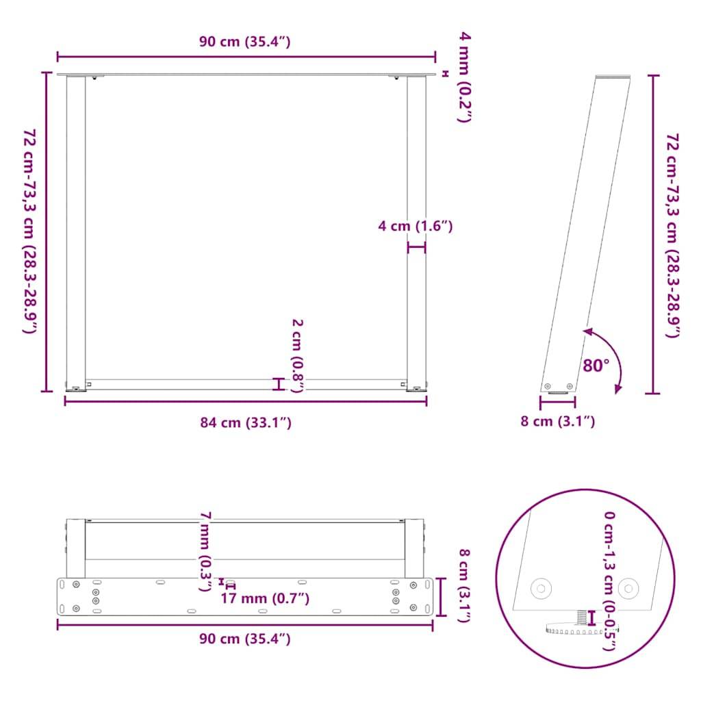 vidaXL Esstischbeine U-Form 2 Stk. Weiß 90x(72-73) cm Stahl
