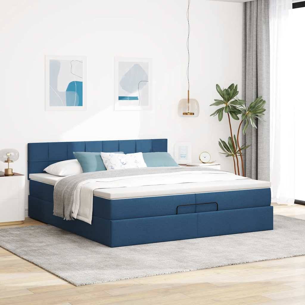 vidaXL Ottoman-Bett mit Matratzen &amp; LEDs Blau 200x200 cm Stoff