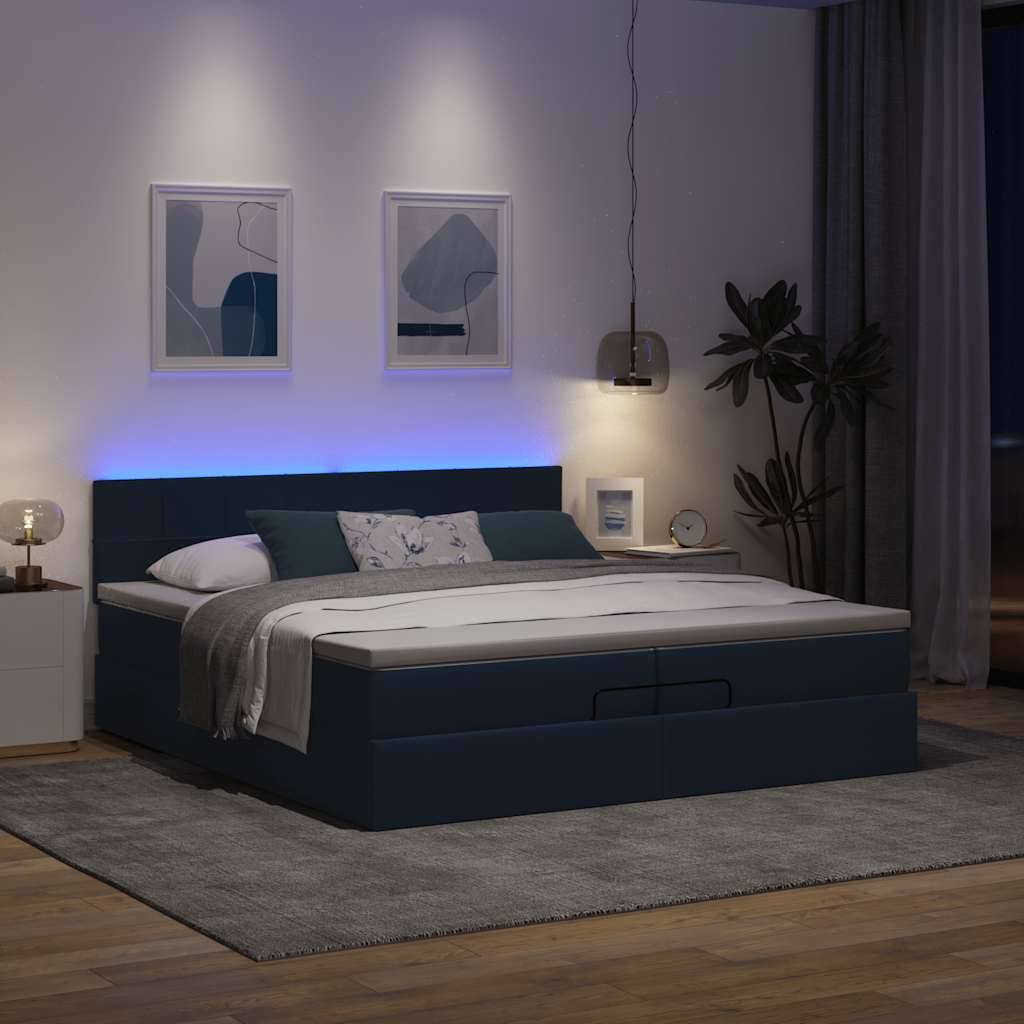 vidaXL Ottoman-Bett mit Matratzen &amp; LEDs Blau 200x200 cm Stoff