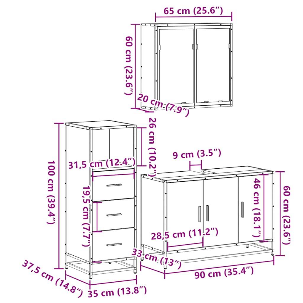 vidaXL 3-tlg. Badmöbel-Set Sonoma-Eiche Holzwerkstoff