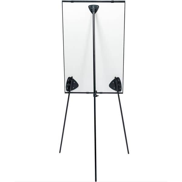 Verstellbarer schwarzer Metallstativständer mit drei Beinen, der eine leere weiße Leinwand oder Tafel hält.
